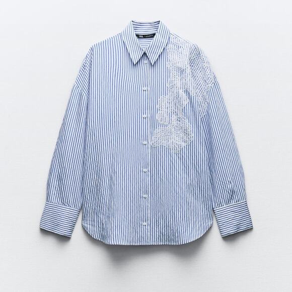Zara Tops - Zara striped embroidered flower button down shirt size medium
